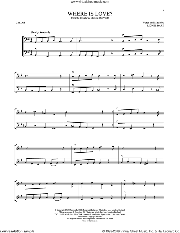 Where Is Love? (from Oliver) sheet music for two cellos (duet, duets) by Lionel Bart, intermediate skill level