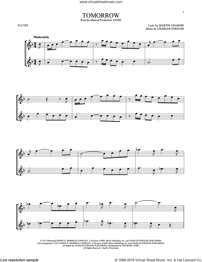 Tomorrow (from Annie) sheet music for two flutes (duets) by Charles Strouse and Martin Charnin, intermediate skill level
