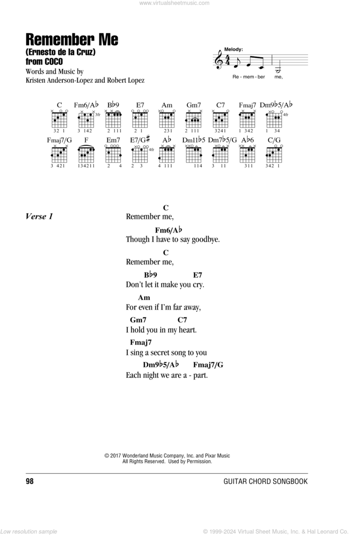 Remember Me (Ernesto de la Cruz) (from Coco) sheet music for guitar (chords) by Kristen Anderson-Lopez & Robert Lopez, Kristen Anderson-Lopez and Robert Lopez, intermediate skill level