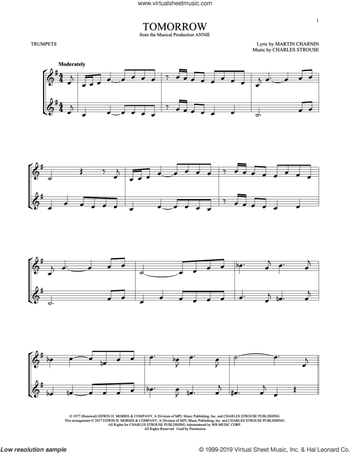 Tomorrow (from Annie) sheet music for two trumpets (duet, duets) by Charles Strouse and Martin Charnin, intermediate skill level