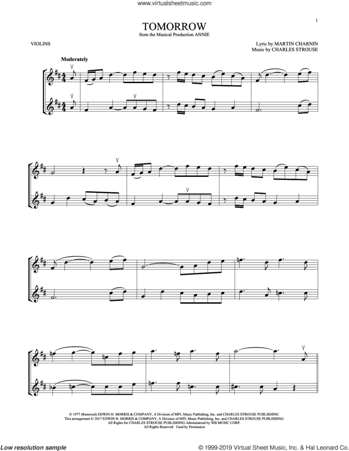 Tomorrow (from Annie) sheet music for two violins (duets, violin duets) by Charles Strouse and Martin Charnin, intermediate skill level