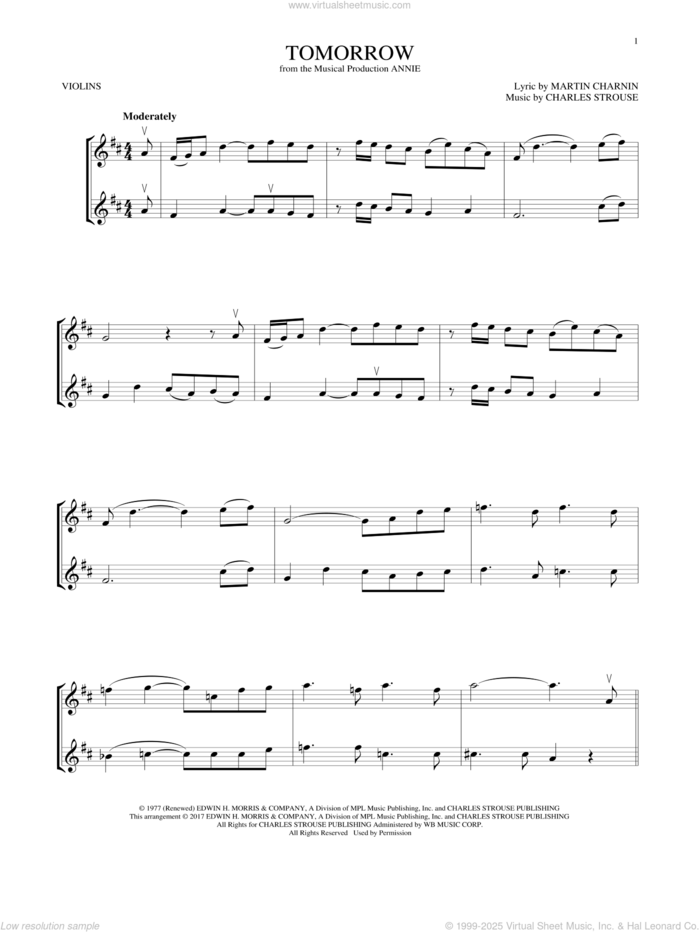 Tomorrow (from Annie) sheet music for two violins (duets, violin duets) by Charles Strouse and Martin Charnin, intermediate skill level