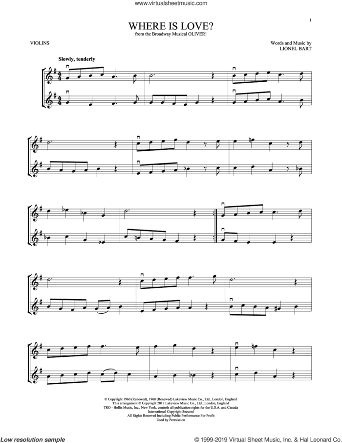 Where Is Love? (from Oliver) sheet music for two violins (duets, violin duets) by Lionel Bart, intermediate skill level
