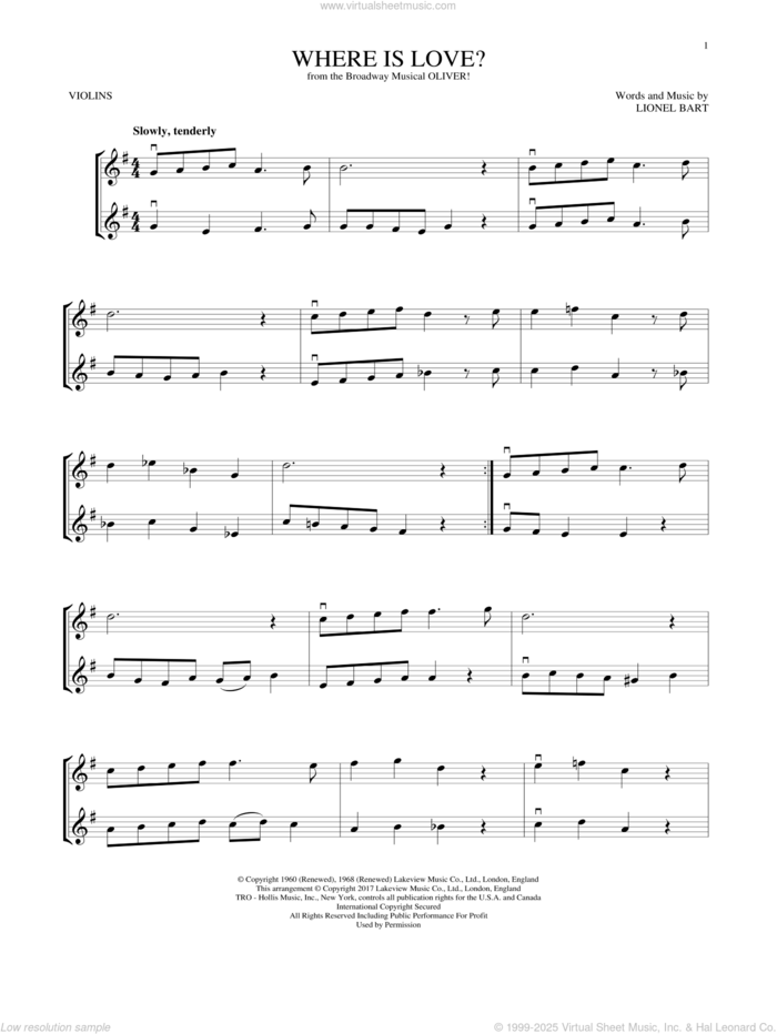 Where Is Love? (from Oliver) sheet music for two violins (duets, violin duets) by Lionel Bart, intermediate skill level