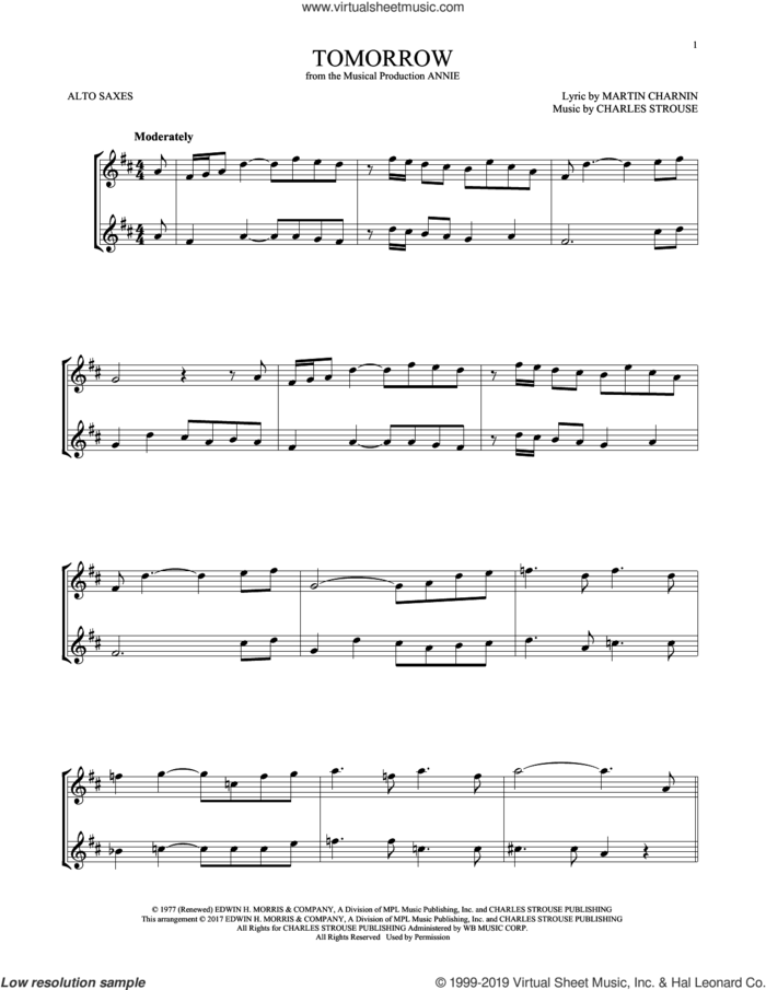 Tomorrow (from Annie) sheet music for two alto saxophones (duets) by Charles Strouse and Martin Charnin, intermediate skill level