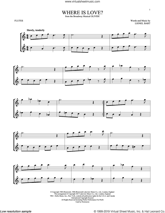 Where Is Love? (from Oliver) sheet music for two flutes (duets) by Lionel Bart, intermediate skill level