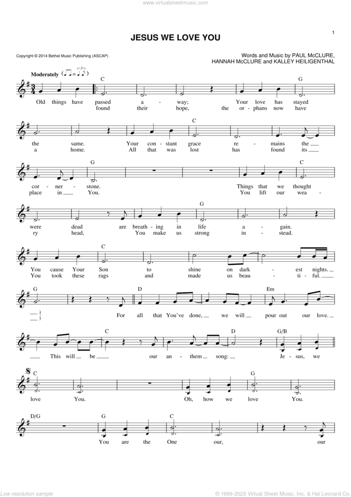 Jesus We Love You sheet music for voice and other instruments (fake book) by Bethel Music, Hannah McClure, Kalley Heiligenthal and Paul McClure, intermediate skill level