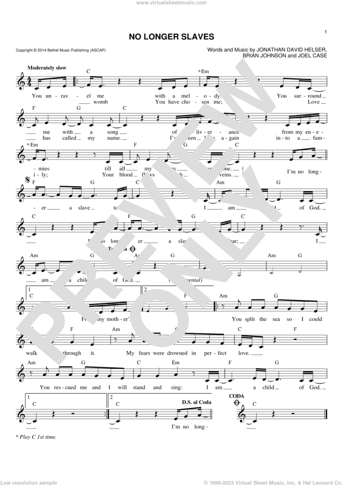 No Longer Slaves sheet music for voice and other instruments (fake book) by Bethel Music, Brian Johnson, Joel Case and Jonathan David Helser, intermediate skill level