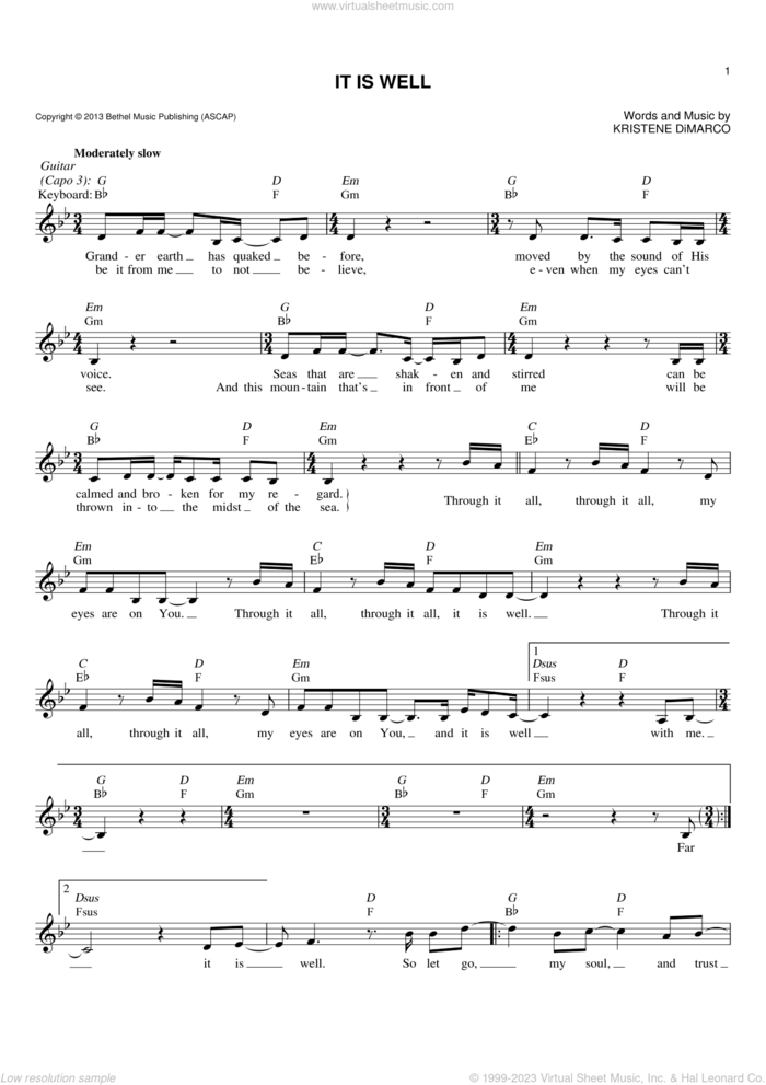 It Is Well sheet music for voice and other instruments (fake book) by Bethel Music and Kristene DiMarco, intermediate skill level
