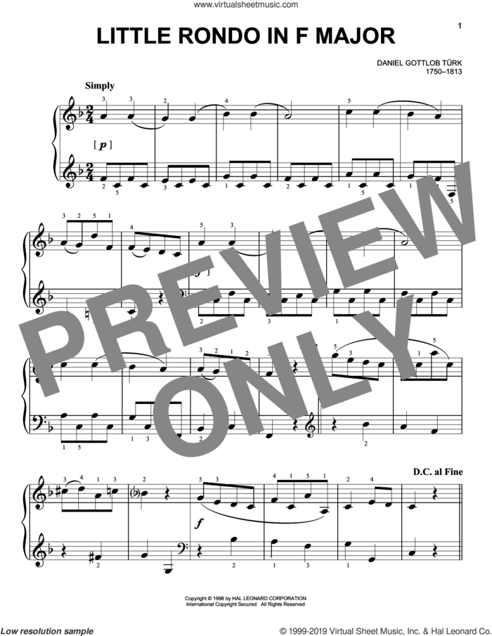 Little Rondo sheet music for piano solo by David Gottlob Turk, classical score, easy skill level