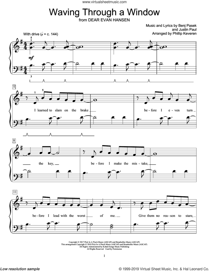 Waving Through A Window (from Dear Evan Hansen) (arr. Phillip Keveren) sheet music for piano solo (elementary) by Pasek & Paul, Phillip Keveren, Benj Pasek and Justin Paul, beginner piano (elementary)