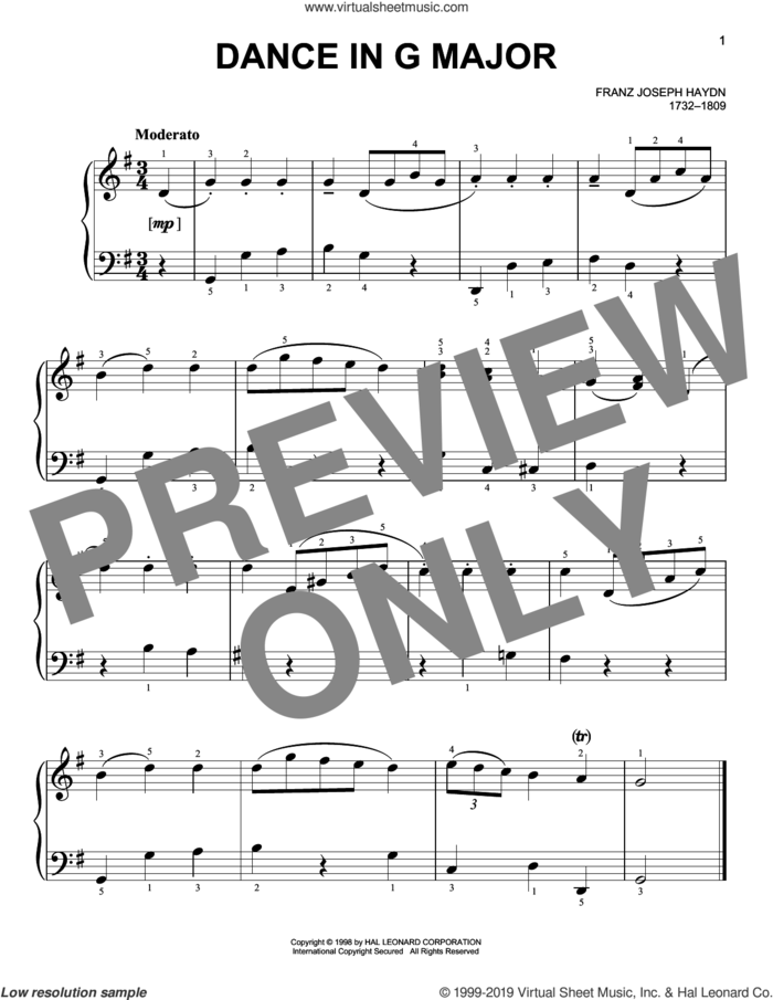 Dance In G Major sheet music for piano solo by Franz Joseph Haydn, classical score, easy skill level
