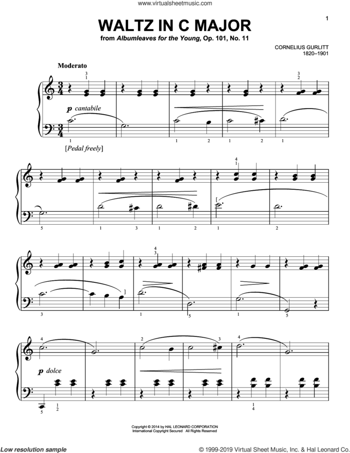 Waltz, Op. 101, No. 11 sheet music for piano solo by Cornelius Gurlitt, classical score, easy skill level