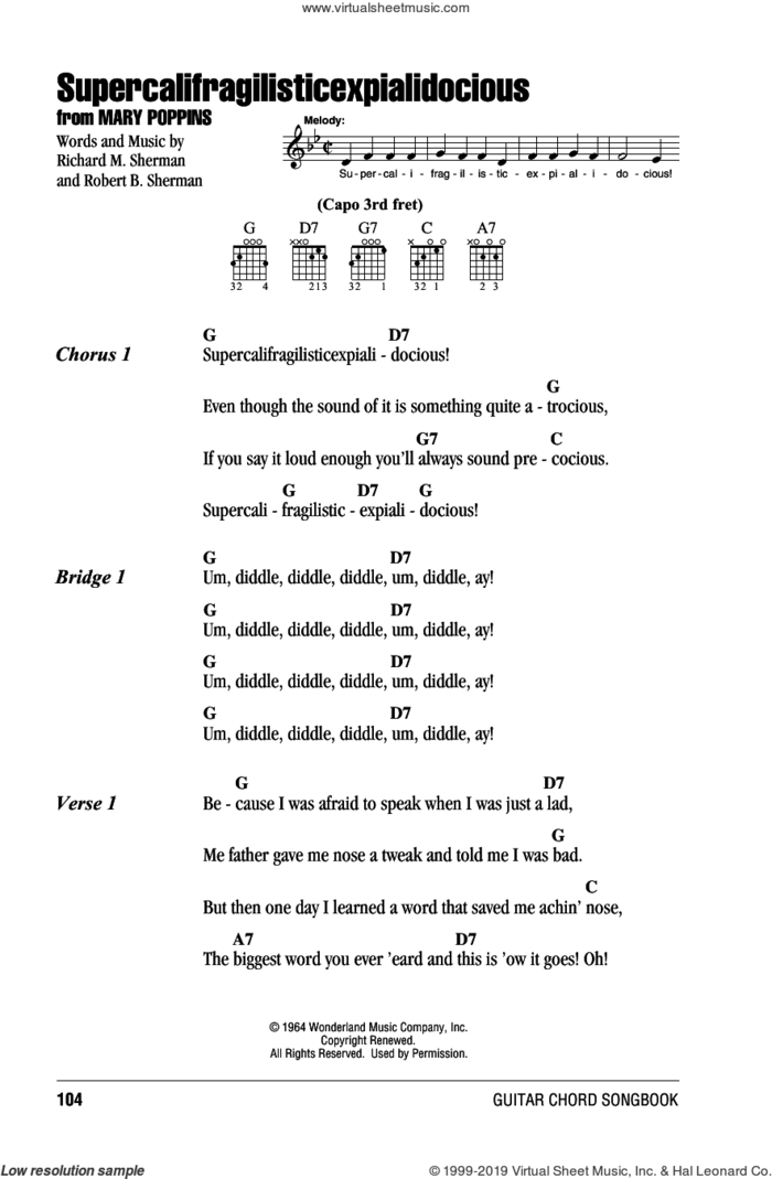 Supercalifragilisticexpialidocious (from Mary Poppins) sheet music for guitar (chords) by Sherman Brothers, Julie Andrews, Richard M. Sherman and Robert B. Sherman, intermediate skill level