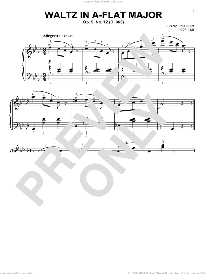 Waltz In A-Flat Major, Op. 9, No. 12 sheet music for piano solo by Franz Schubert, classical score, easy skill level