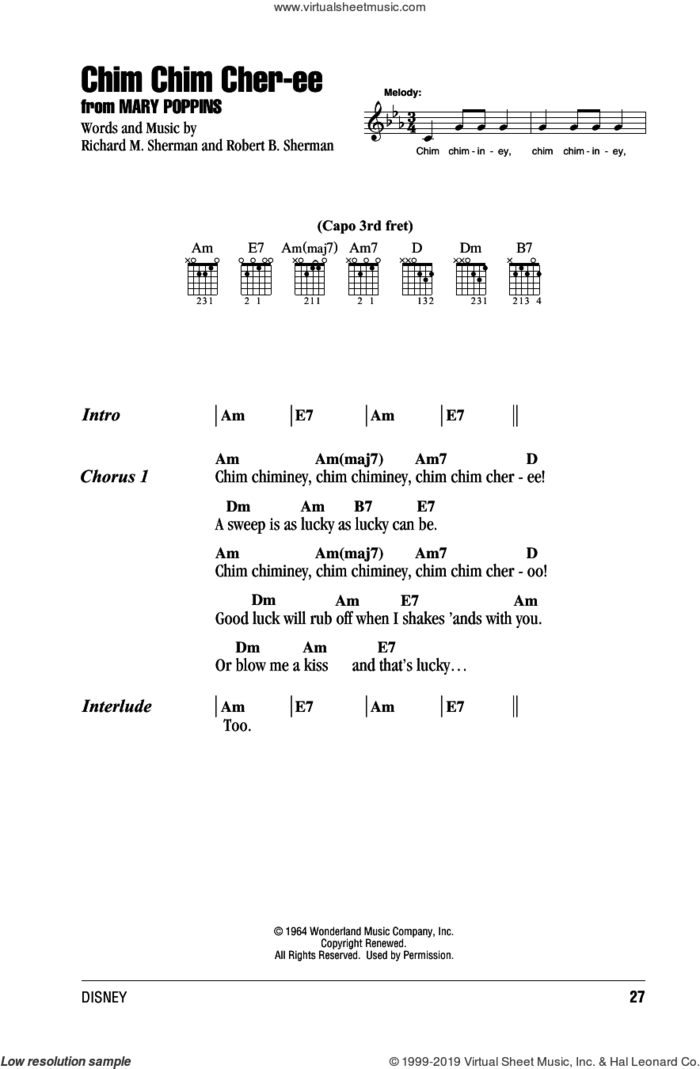 Chim Chim Cher-ee (from Mary Poppins) sheet music for guitar (chords) by Sherman Brothers, Dick Van Dyke, Richard M. Sherman and Robert B. Sherman, intermediate skill level