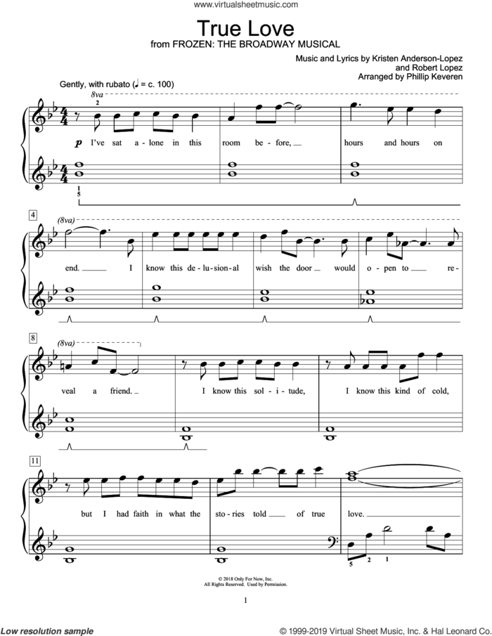 True Love (from Frozen: The Broadway Musical) (arr. Phillip Keveren) sheet music for piano solo (elementary) by Kristen Anderson-Lopez & Robert Lopez, Phillip Keveren, Kristen Anderson-Lopez and Robert Lopez, beginner piano (elementary)