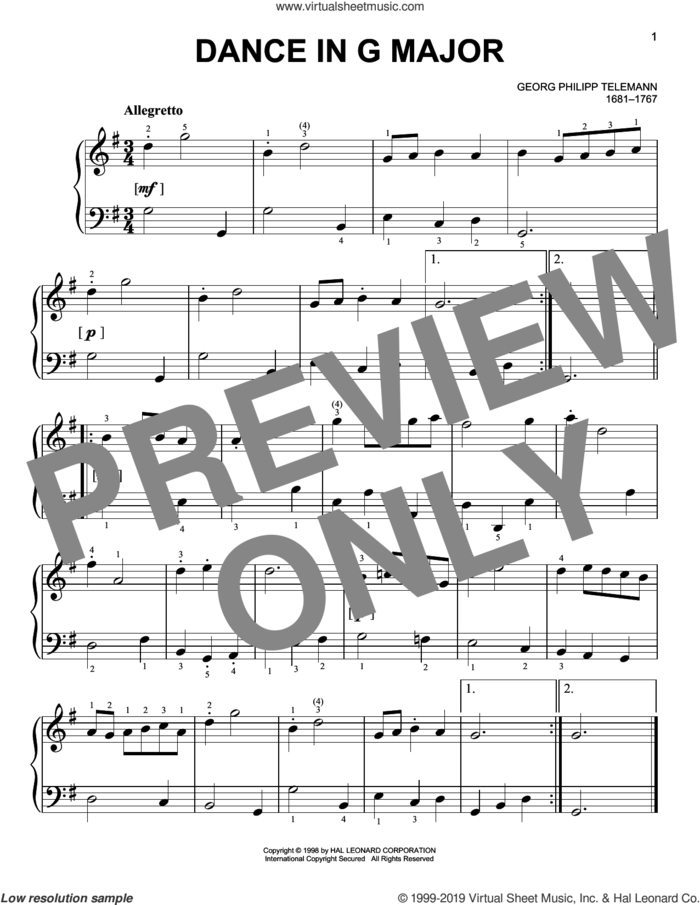 Dance, (easy) sheet music for piano solo by Georg Philipp Telemann, classical score, easy skill level