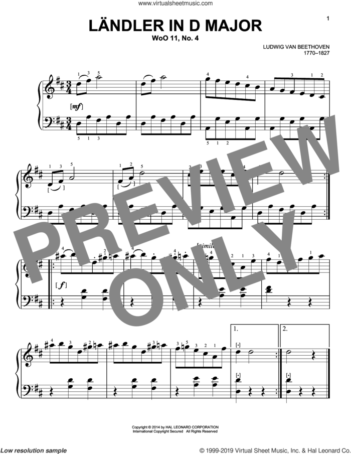 Landler sheet music for piano solo by Ludwig van Beethoven, classical score, easy skill level