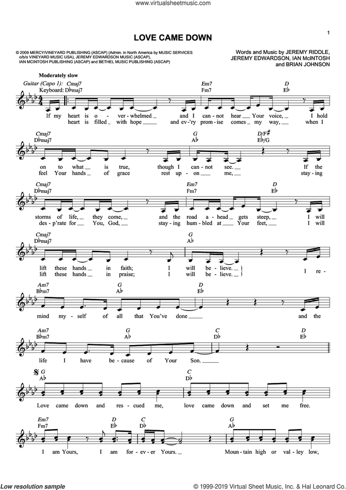 Love Came Down sheet music for voice and other instruments (fake book) by Kari Jobe, Brian Johnson, Ian McIntosh, Jeremy Edwardson and Jeremy Riddle, intermediate skill level