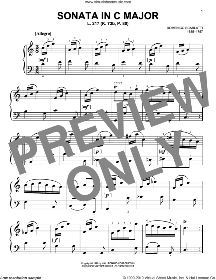 Sonata In C Major, L. 217 sheet music for piano solo by Domenico Scarlatti, classical score, easy skill level