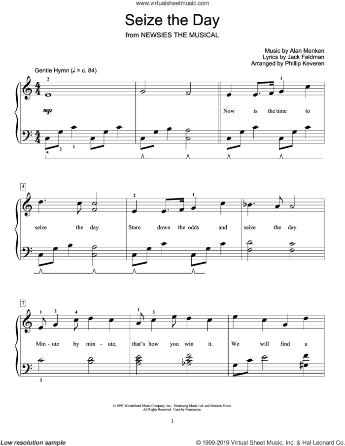 Seize The Day (from Newsies The Musical) (arr. Phillip Keveren) sheet music for piano solo (elementary) by Alan Menken, Phillip Keveren, Alan Menken & Jack Feldman and Jack Feldman, beginner piano (elementary)