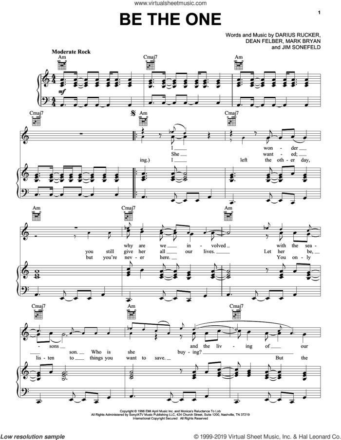 Be The One sheet music for voice, piano or guitar by Hootie & The Blowfish, Darius Rucker, Dean Felber, Jim Sonefeld and Mark Bryan, intermediate skill level