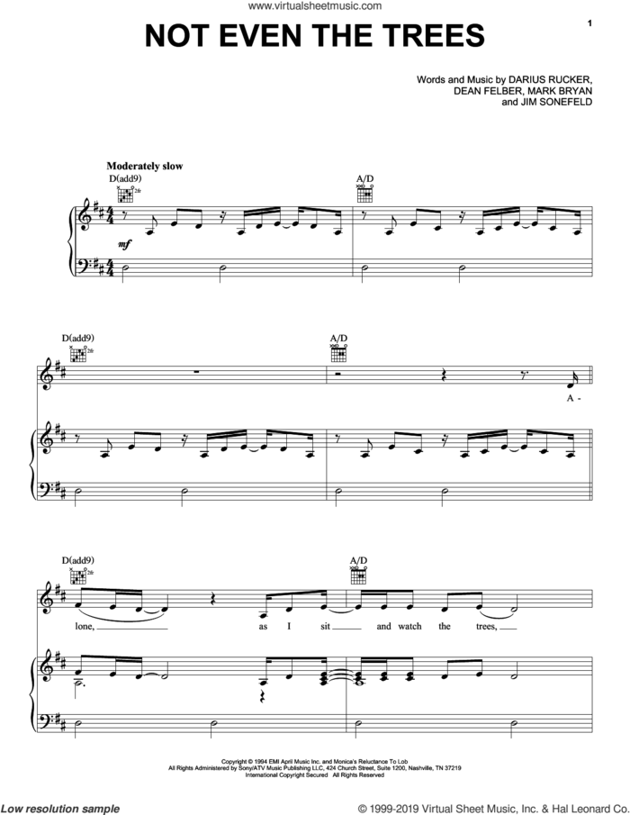 Not Even The Trees sheet music for voice, piano or guitar by Hootie & The Blowfish, Darius Rucker, Dean Felber, Jim Sonefeld and Mark Bryan, intermediate skill level