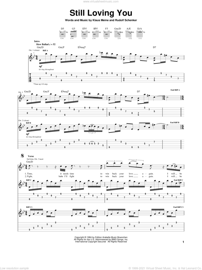 Still Loving You sheet music for guitar (tablature) by Scorpions, Klaus Meine and Rudolf Schenker, intermediate skill level
