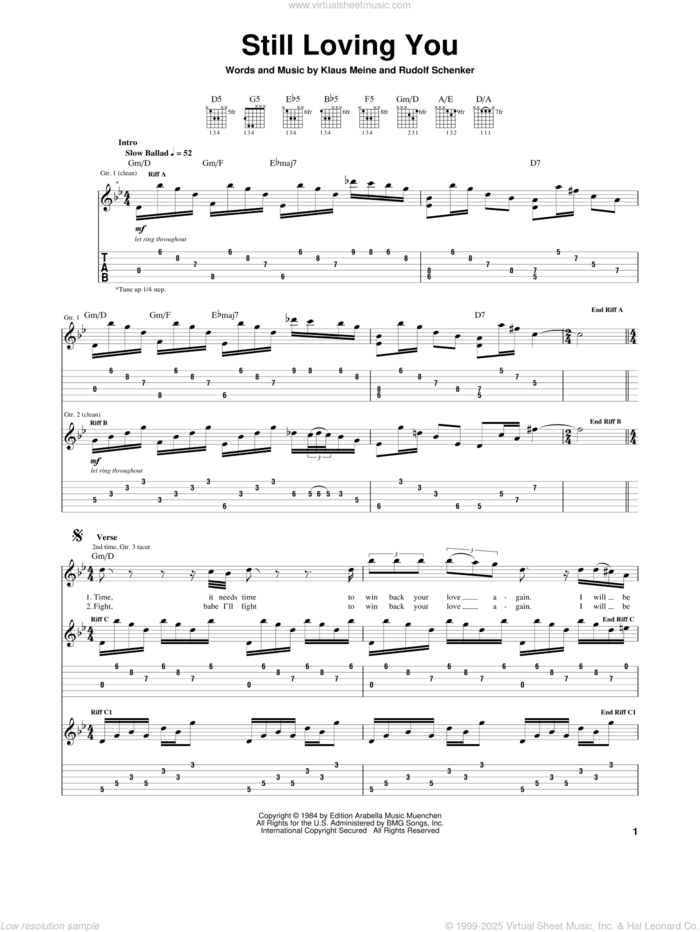 Still Loving You sheet music for guitar (tablature) by Scorpions, Klaus Meine and Rudolf Schenker, intermediate skill level