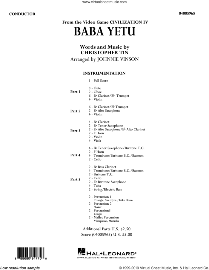 Baba Yetu (from Civilization IV) (arr. Johnnie Vinson) (COMPLETE) sheet music for concert band by Johnnie Vinson and Christopher Tin, intermediate skill level