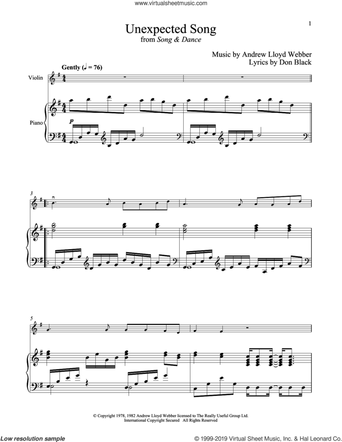 Unexpected Song (from Song and Dance) sheet music for violin and piano by Bernadette Peters, Andrew Lloyd Webber and Don Black, intermediate skill level