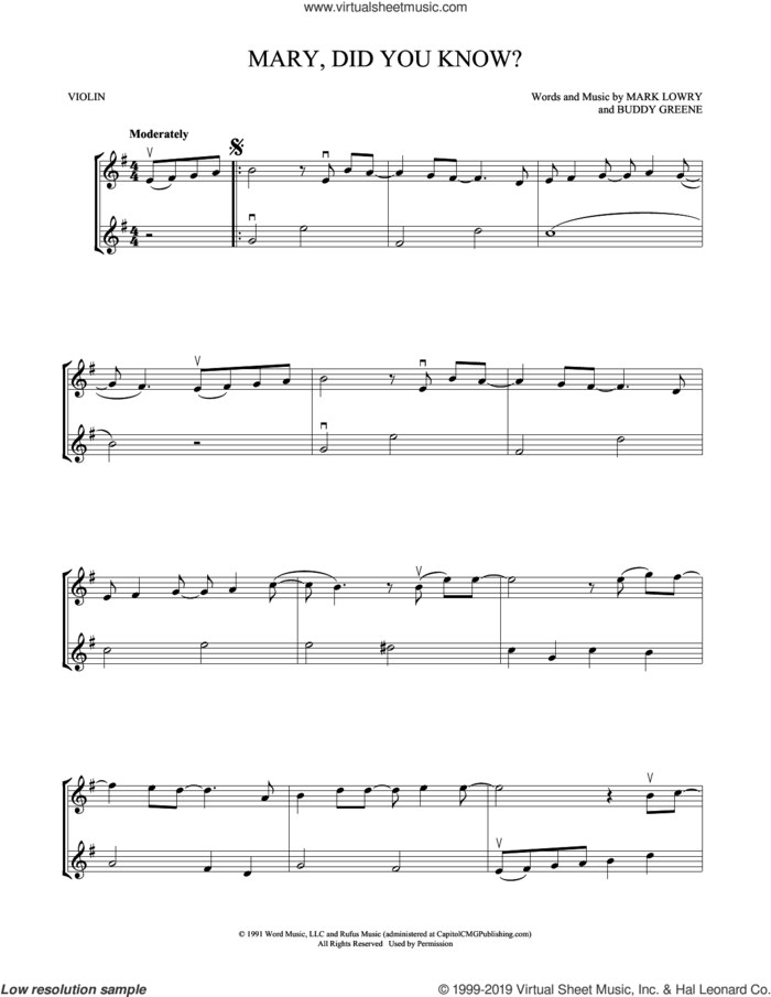 Mary, Did You Know? sheet music for two violins (duets, violin duets) by Buddy Greene and Mark Lowry, intermediate skill level
