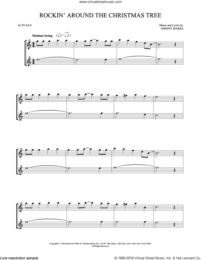Rockin' Around The Christmas Tree sheet music for two alto saxophones (duets) by Brenda Lee and Johnny Marks, intermediate skill level