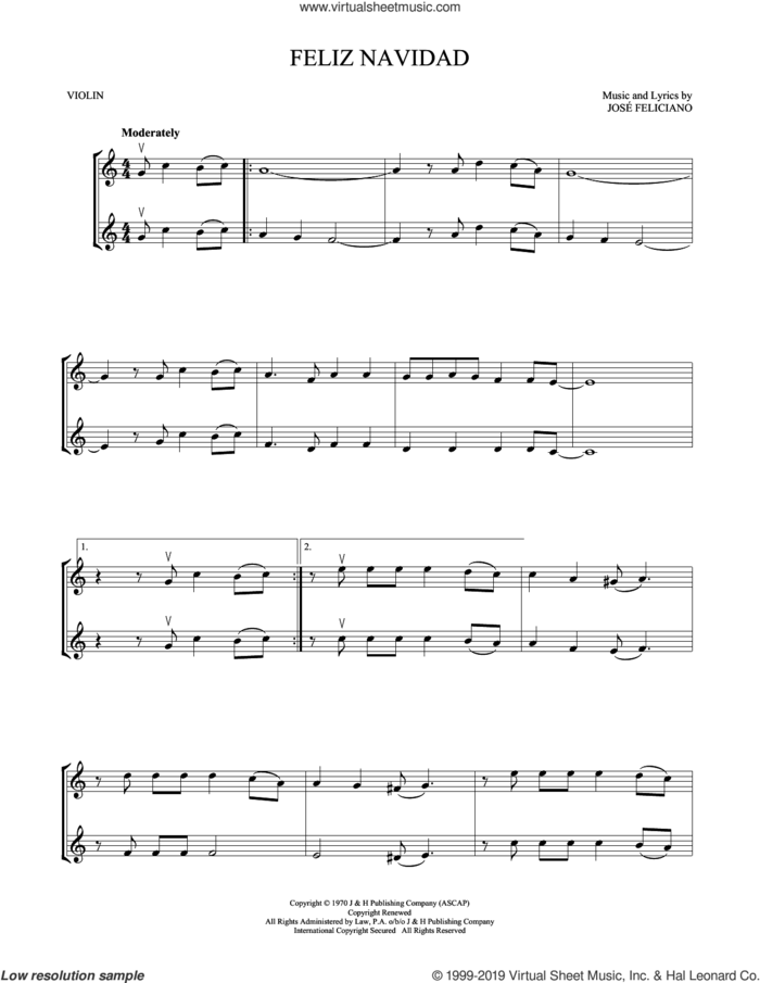 Feliz Navidad sheet music for two violins (duets, violin duets) by Jose Feliciano, intermediate skill level