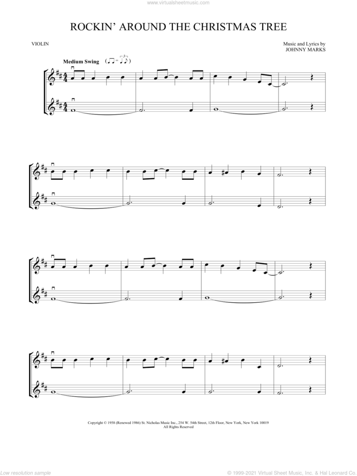 Rockin' Around The Christmas Tree sheet music for two violins (duets, violin duets) by Brenda Lee and Johnny Marks, intermediate skill level