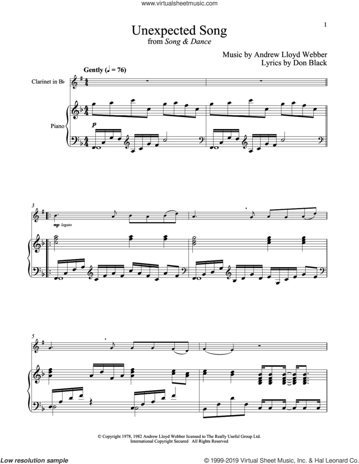 Unexpected Song (from Song and Dance) sheet music for clarinet and piano by Bernadette Peters, Andrew Lloyd Webber and Don Black, intermediate skill level