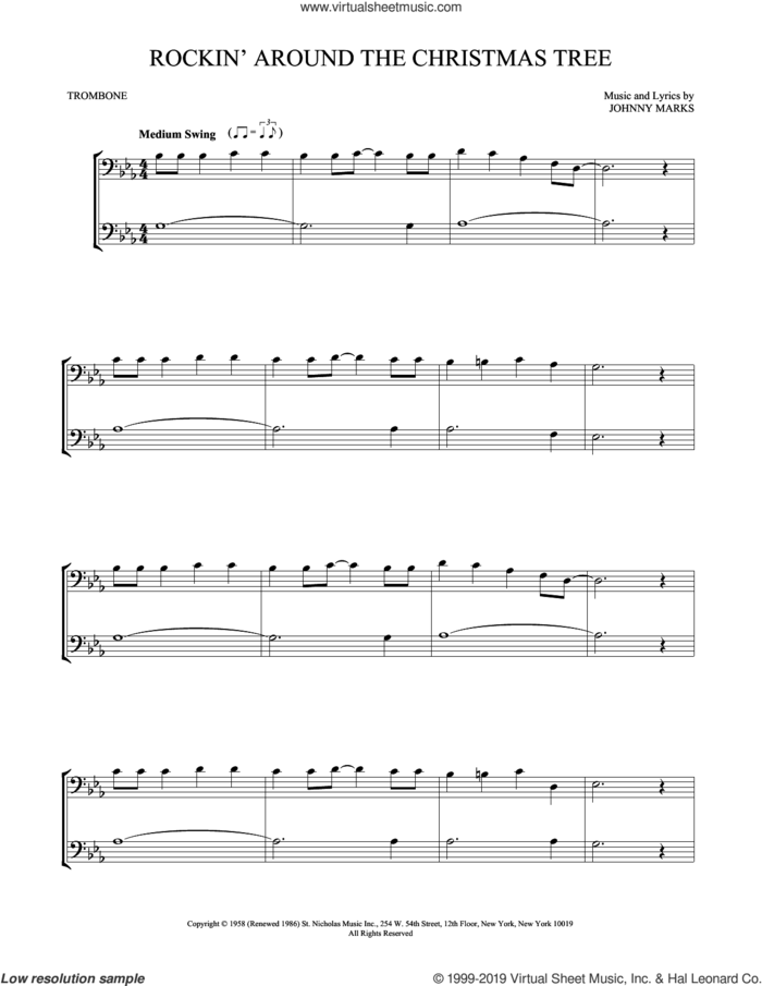 Rockin' Around The Christmas Tree sheet music for two trombones (duet, duets) by Brenda Lee and Johnny Marks, intermediate skill level