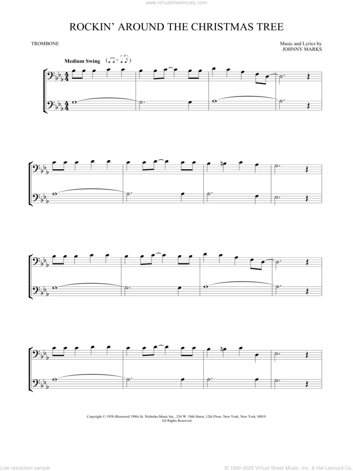 Rockin' Around The Christmas Tree sheet music for two trombones (duet, duets) by Brenda Lee and Johnny Marks, intermediate skill level