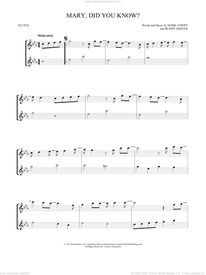 Mary, Did You Know? sheet music for two flutes (duets) by Buddy Greene and Mark Lowry, intermediate skill level