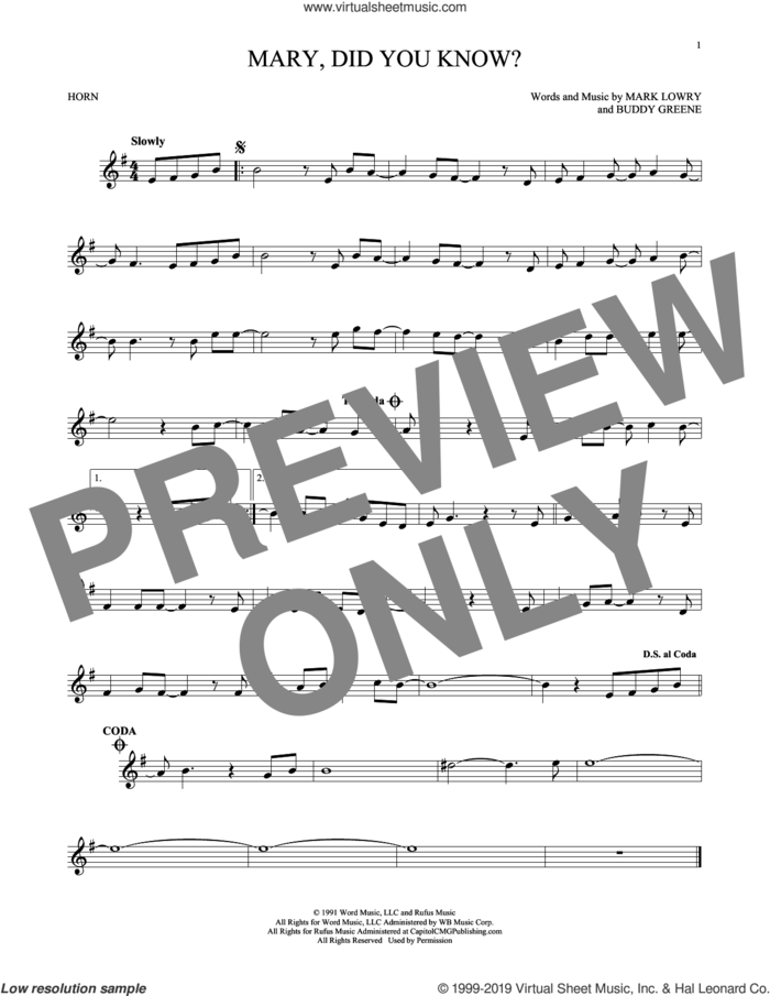 Mary, Did You Know? sheet music for horn solo by Buddy Greene and Mark Lowry, intermediate skill level