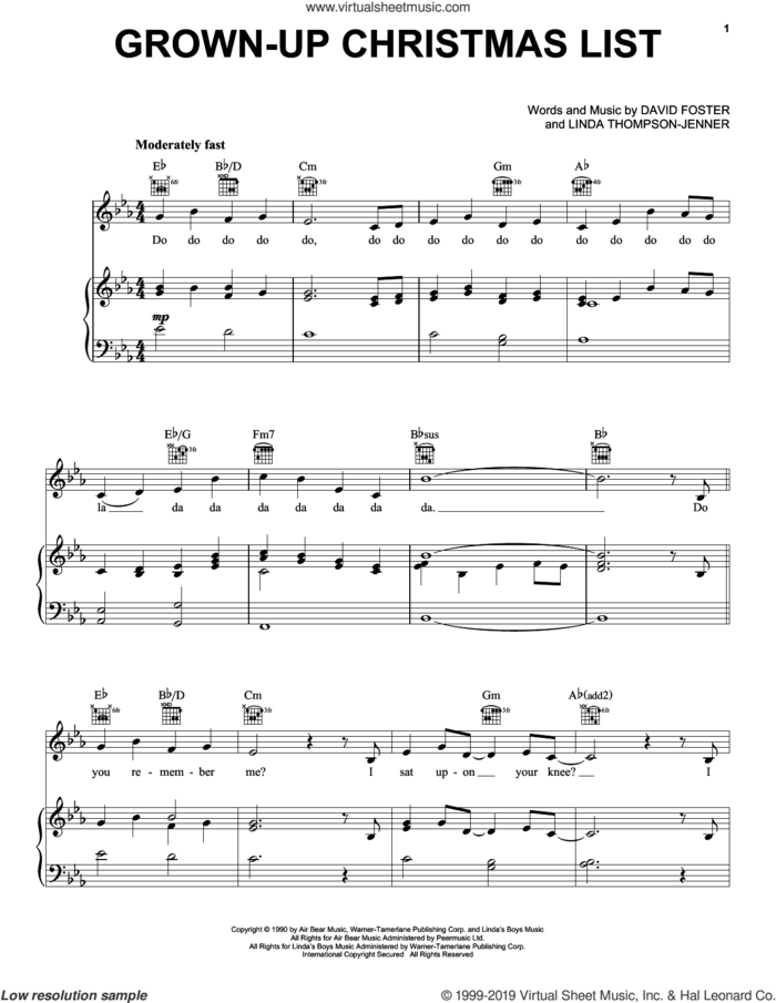 Grown-Up Christmas List sheet music for voice, piano or guitar by Pentatonix, David Foster and Linda Thompson-Jenner, intermediate skill level
