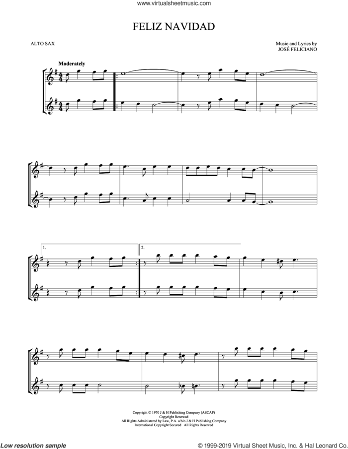 Feliz Navidad sheet music for two alto saxophones (duets) by Jose Feliciano, intermediate skill level