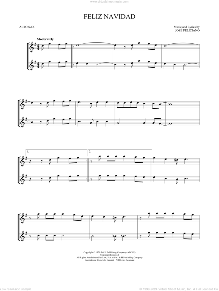 Feliz Navidad sheet music for two alto saxophones (duets) by Jose Feliciano, intermediate skill level