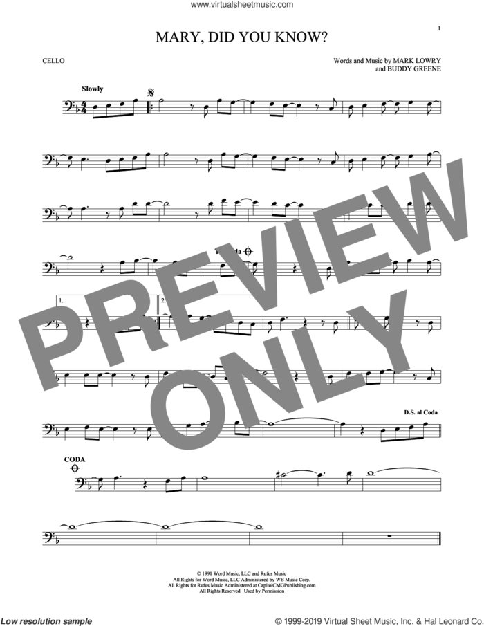Mary, Did You Know? sheet music for cello solo by Buddy Greene and Mark Lowry, intermediate skill level
