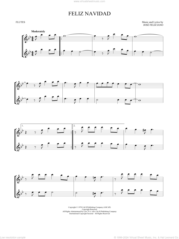 Feliz Navidad sheet music for two flutes (duets) by Jose Feliciano, intermediate skill level