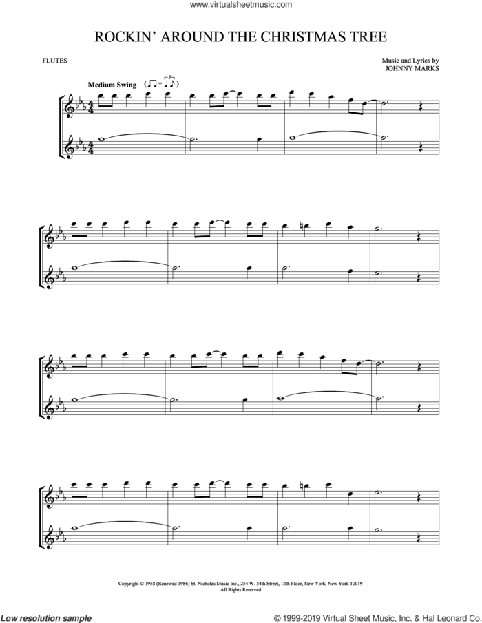 Rockin' Around The Christmas Tree sheet music for two flutes (duets) by Brenda Lee and Johnny Marks, intermediate skill level