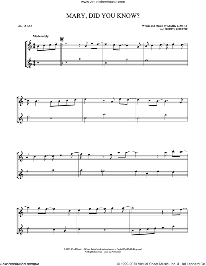 Mary, Did You Know? sheet music for two alto saxophones (duets) by Buddy Greene and Mark Lowry, intermediate skill level