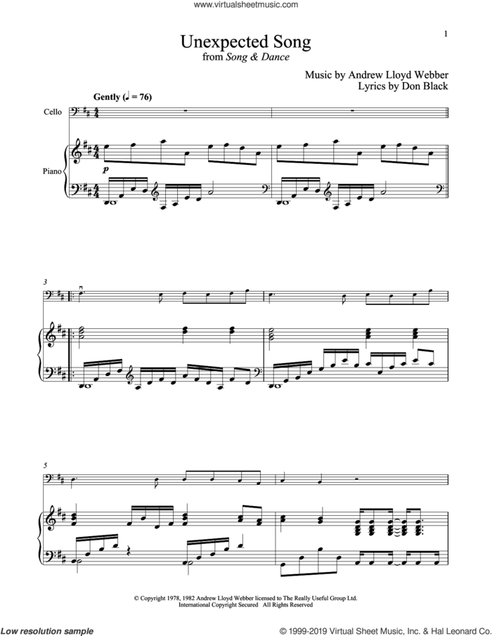 Unexpected Song (from Song and Dance) sheet music for cello and piano by Bernadette Peters, Andrew Lloyd Webber and Don Black, intermediate skill level