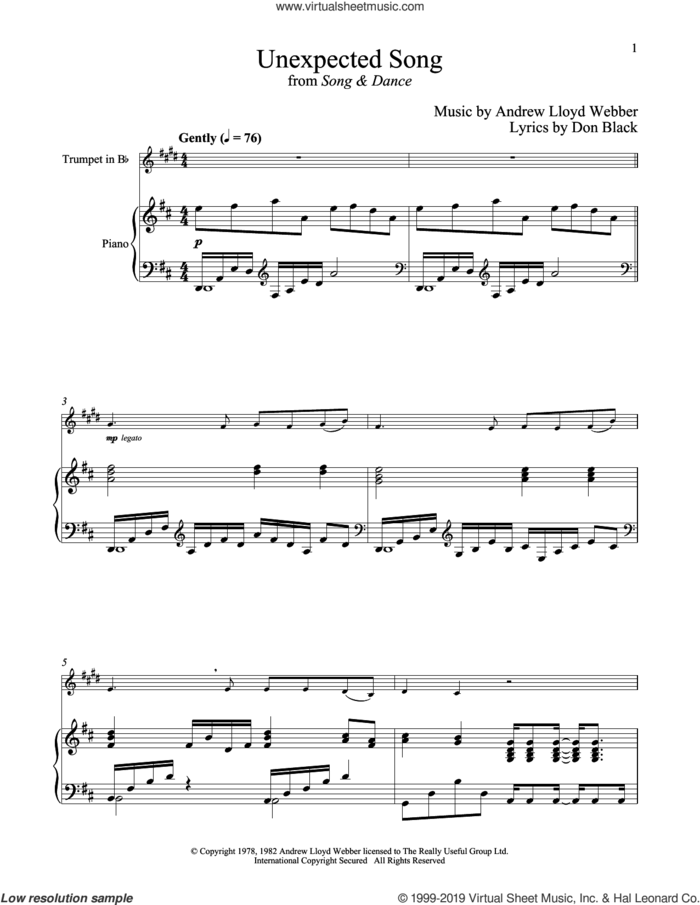 Unexpected Song (from Song and Dance) sheet music for trumpet and piano by Bernadette Peters, Andrew Lloyd Webber and Don Black, intermediate skill level